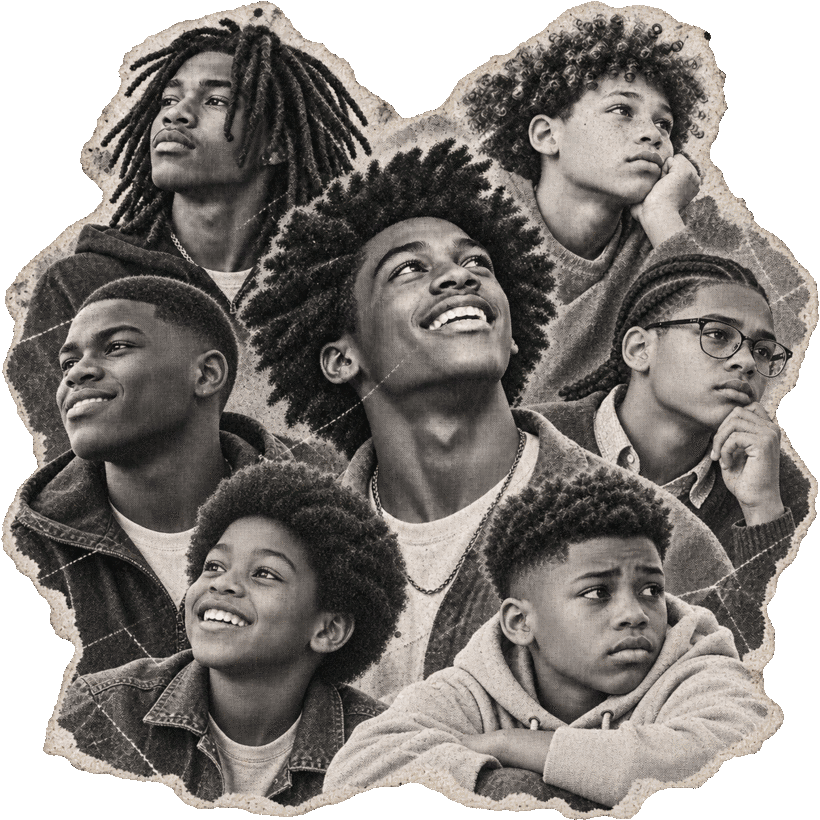 A torn-paper collage of Black boys and young men