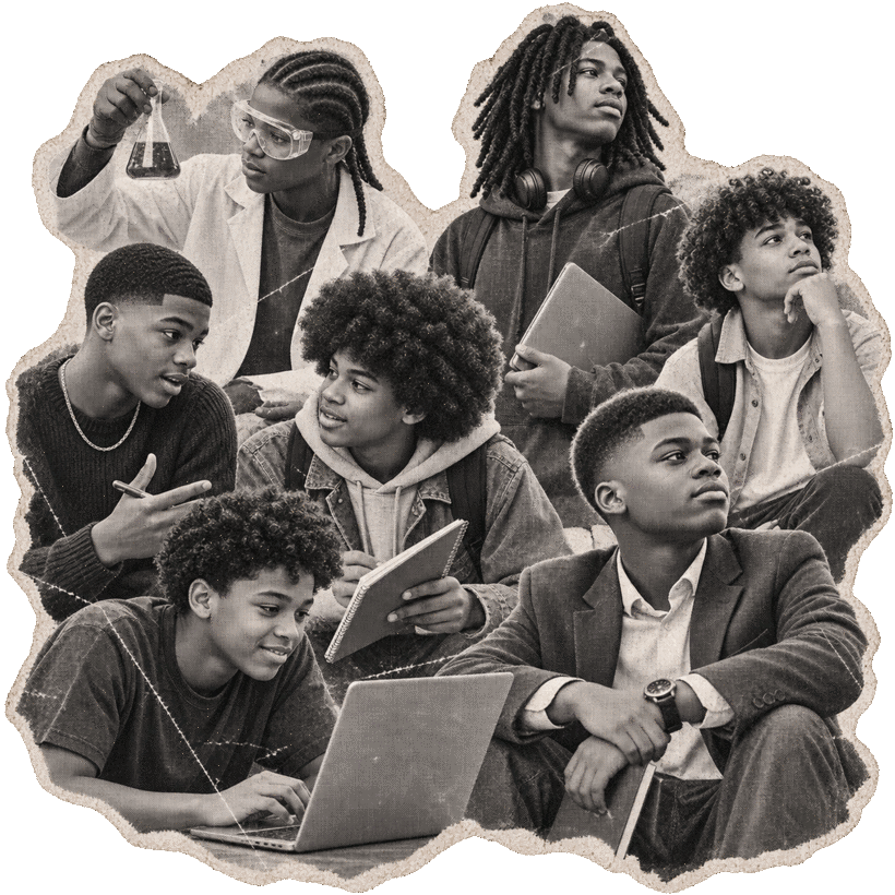 A torn-paper collage of Black men and boys in STEM